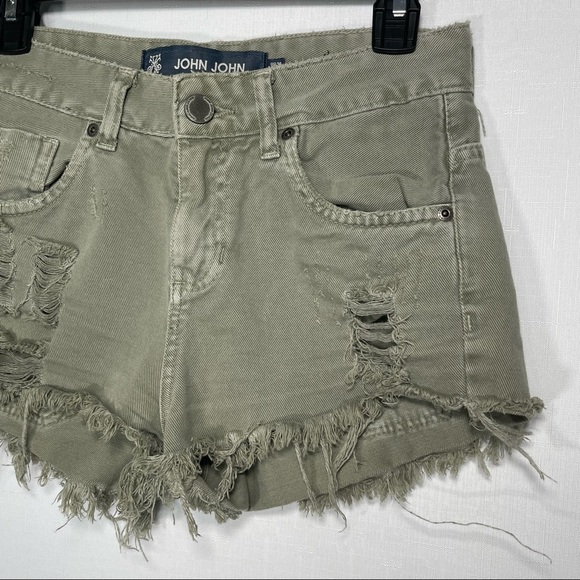 John John Olive Green Distressed Raw Hem Shorts - Picture 2 of 16